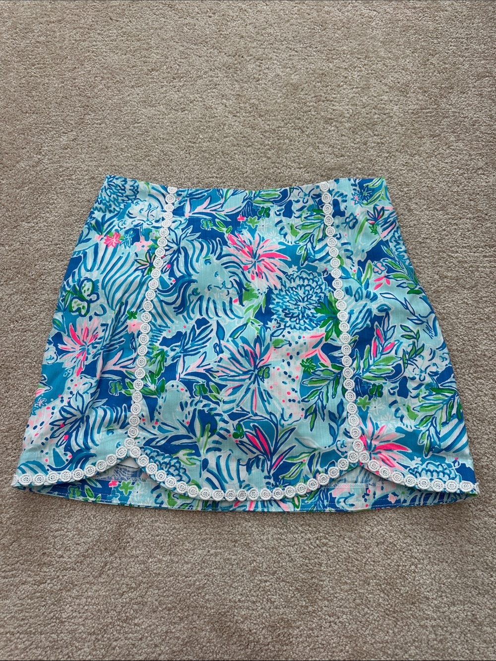 Lilly Pulitzer Aqua Blue Floral Mini Skirt with Pink & Green Accents